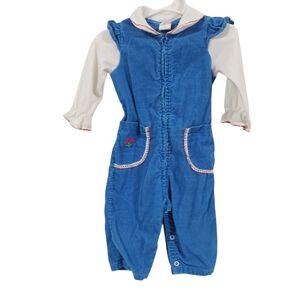 SEARS Vintage Toddler Girl Blue Jumpsuit Long Sleeve Corduroy Size 18 Months